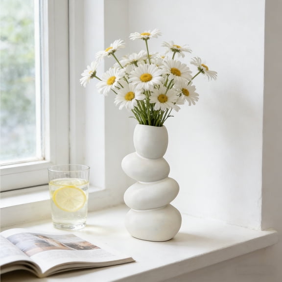 White Ceramic Vase 1pcs, Elegant Timeless Home Decor for Living Room & Bathroom, Floral Centerpiece for Tabletop, Rustic Modern Farmhouse Style Accent Decoration, 7"H