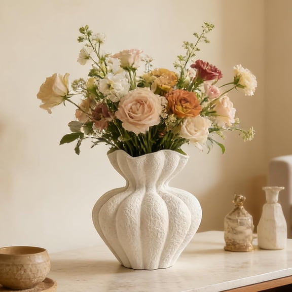 White Ceramic Vase, 8.2 Inch Modern Boho Flower Vase for Home Decor, Unique Farmhouse Living Room Cabinet Table Centerpieces Wedding Decorations