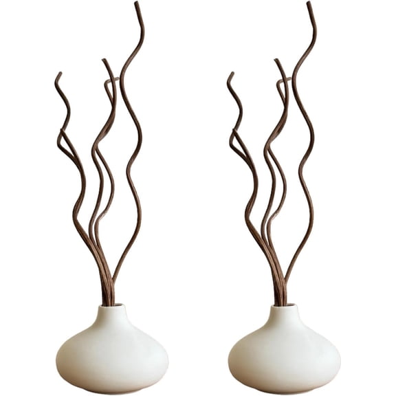 White Ceramic Vase, DIY Empty Reed Diffuser Bottle with Wavy Brown Rattan Sticks for Essential Oils, Set of 2, Aromatherapy, Modern Minimal Decor