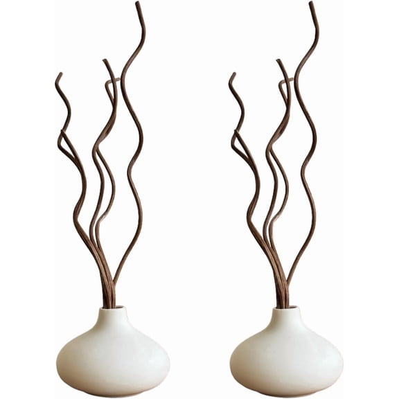 White Ceramic Vase, DIY Empty Reed Diffuser Bottle with Wavy Brown Rattan Sticks for Essential Oils, Set of 2, Aromatherapy, Modern Minimal Decor