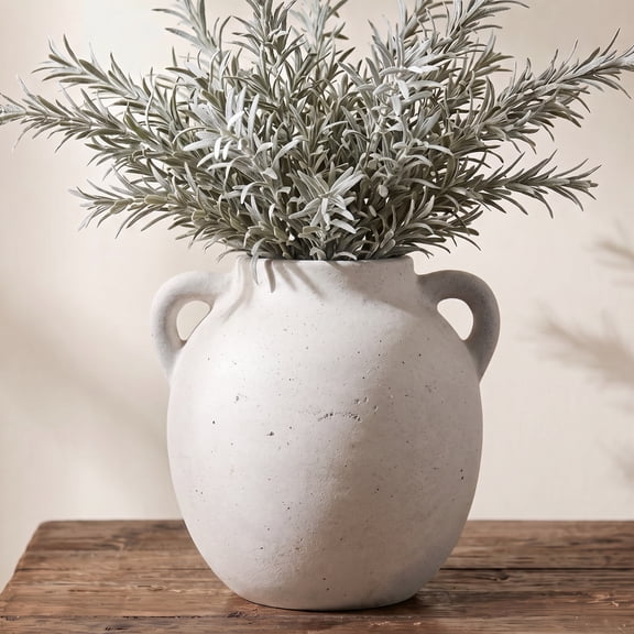 White Ceramic Vase, Decorative Terracotta Vase with Handle, Round Rustic Vases for Home Decor, Farmhouse Vintage Vases for Living Room, Bedroom, Office, Kitchen, Coffee Table