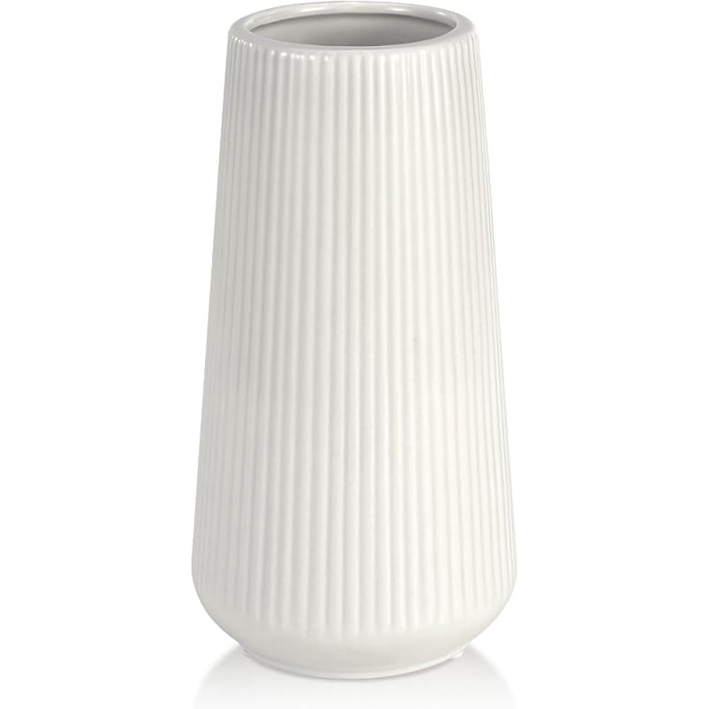 Picture of White Ceramic Vase for Flowers, Tall Home Decor Vase with Ribbed ...