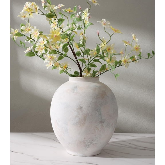 White Ceramic Vase, Rustic Farmhouse Flowers Vase for Home Decor, Sandstone Texture Round Pottery Tall Vase Indoor for Table Living Room Decor