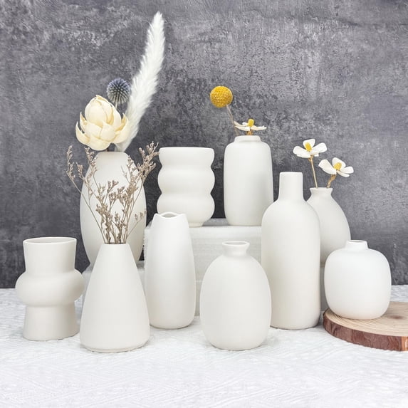 White Ceramic Vase Set of 10, Small Ceramic Flower Vases Bulk Bud Vases for Wedding Table Centerpieces Decor Pampas Grass Modern Boho Home Party Decor DIY Gift C95