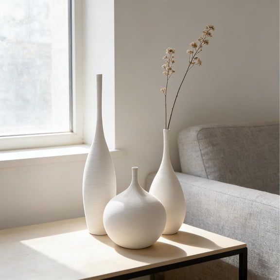 White Ceramic Vase Set of 3, Modern Boho Vases for Centerpiece Decor, Matte Minimalist Decorative White Vases Home Decor, for Living Room, Bookshelf, and Entryway Table Decor
