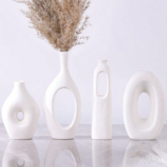 White Ceramic Vase Set of 4 - Round Hollow Boho Vases for Pampas Grass and Flowers Decor Modern Minimalist Small Vases for Living Room Bedroom Fireplace Coffee Table Decor and Centerpieces