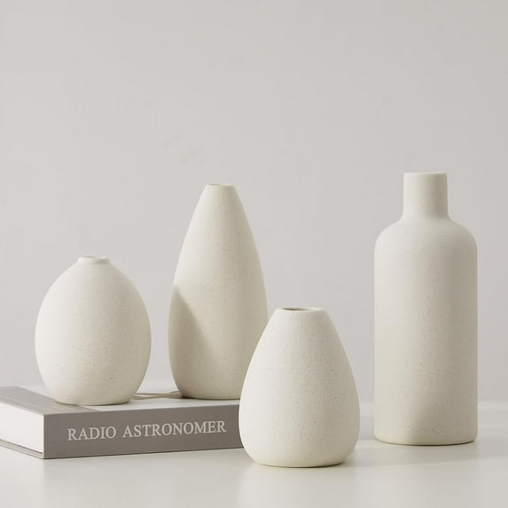 White Ceramic Vase Set - 4 Small Unique Flower Vases for Centerpieces, Modern Home Decor