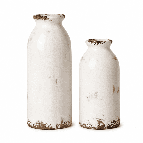White Ceramic Vase Set of 2, Rustic Decorative Flower Vase for Home Decor