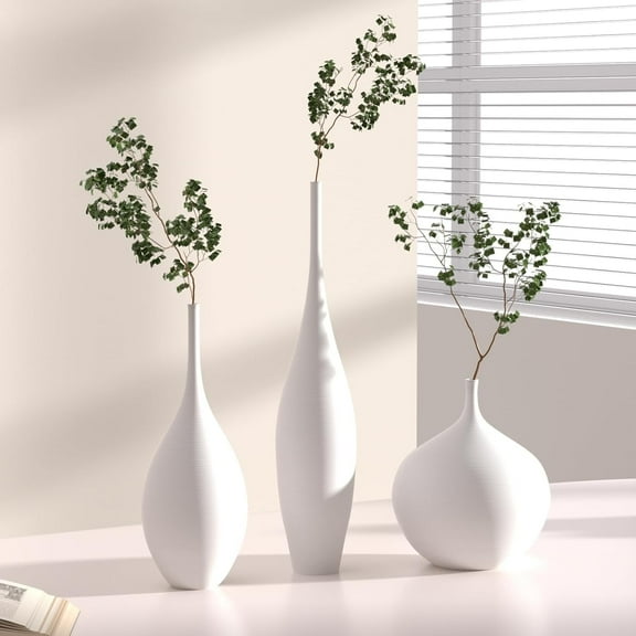 White Ceramic Vase Set of 3 Modern Boho Wabi-Sabi Decorative Aesthetic Vases for Living Room Table Shelf Home Decor Gift