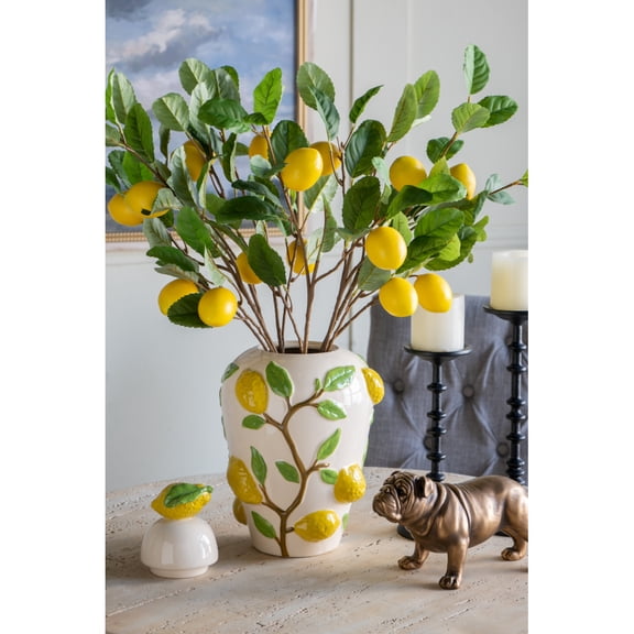 White Ceramic Vase with Vibrant Yellow Lemon Accents