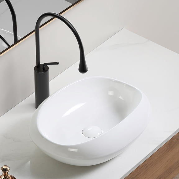 White Ceramic Vessel Sink for Bathroom Vanity 18x15 Inch Shatterproof Basin with Gloss Finish No Faucet Hole Compact Design for Small Countertops Easy Clean Non-Porous Surface