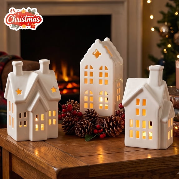 White Ceramic Village House Tea Light Candle Holders Decorations, Hollow Cut Christmas Desktop Figurines, Indoor Outdoor Xmas Decor for Holiday Tabletop Display