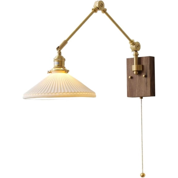 White Ceramic Wall Light Shade Adjustable Copper Arm Wall Sconce with Pull Chain Switch, Walnut Base Wall Lamp Bedside Reading Wall Lighting Fixtures for Bedroom Living Room