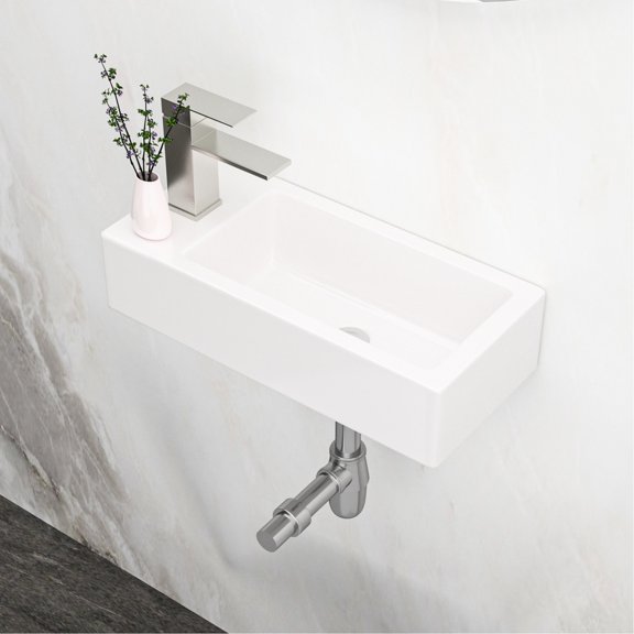 White Ceramic Wall Mount Floating Bathroom Sink 14.57x7.28 Inch Single Faucet Hole Fits Any Decor
