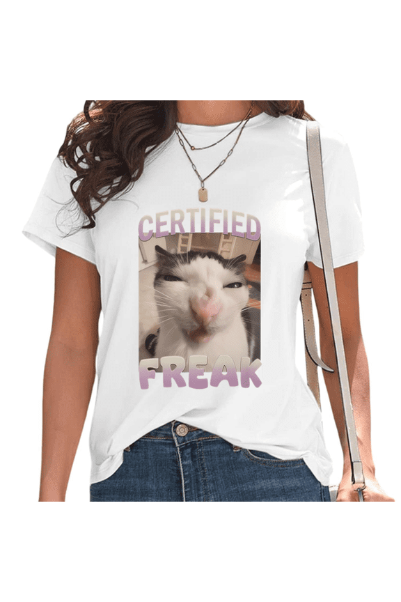 White Certified Freak Cursed Cat Meme Print Tshirt Graphic Tees Shirts Weirdcore Internet Cat Lover Tops S-5XL