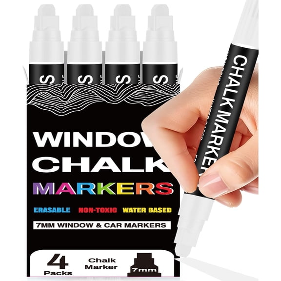 White Chalk Markers for Blackboard, Window Markers Thick, Liquid Chalk Pen with 7mm Wide Thick Tip & Erasable , Marker for Chalkboard Blackboard Sign Glass Menu Board Mirror Poster - 4 Pack