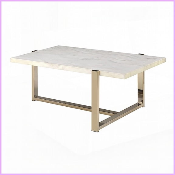 White & Champagne Faux Marble Coffee Table with Plated Metal Base – Easy to Maintain, Modern Living Room Design