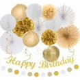 thumbnail image 1 of White Champagne Gold Birthday Party-Decorations - 21pcs Happy Birthday Banner,Paper Lanterns,Tissue Pom Poms Flower Fan,Honeycomb Ball,Swirl Streamers Garland Supplies Women Men Decor, 1 of 6