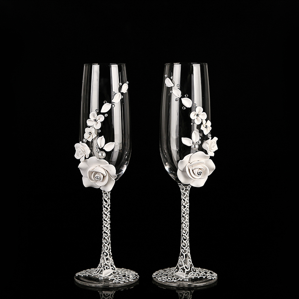 White Champagne Wedding Toast Glasses Handmade Pearl & Flower Bride And Groom Flutes, His And Hers Flute - Wedding Gift - image 1 of 3