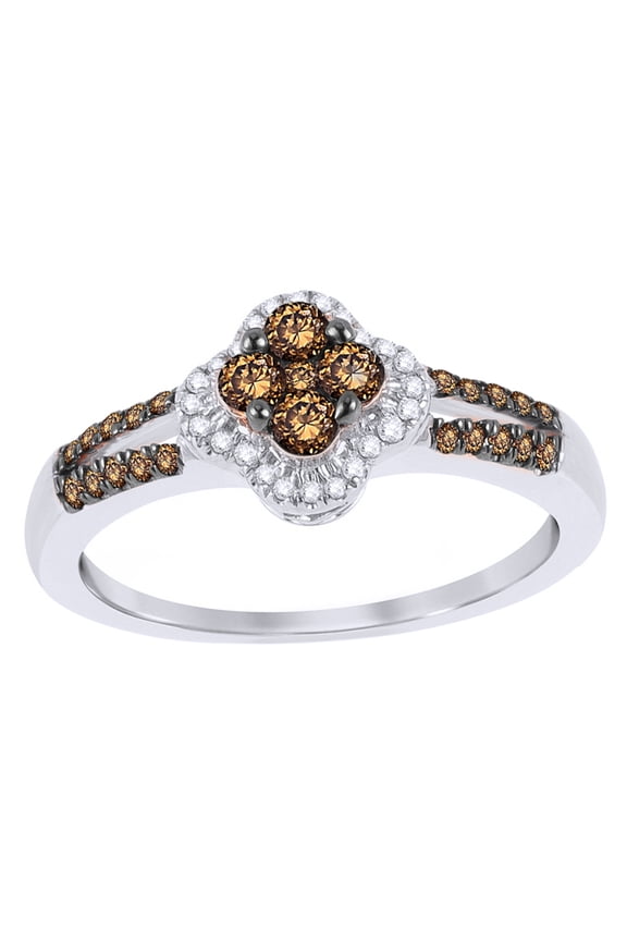 White Champagne & White Natural Diamond Clover Frame Ring in 10k White Gold