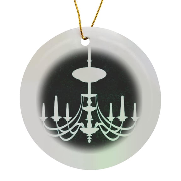 White Chandelier Against A Black Damask Background, Circle Porcelain Ornament