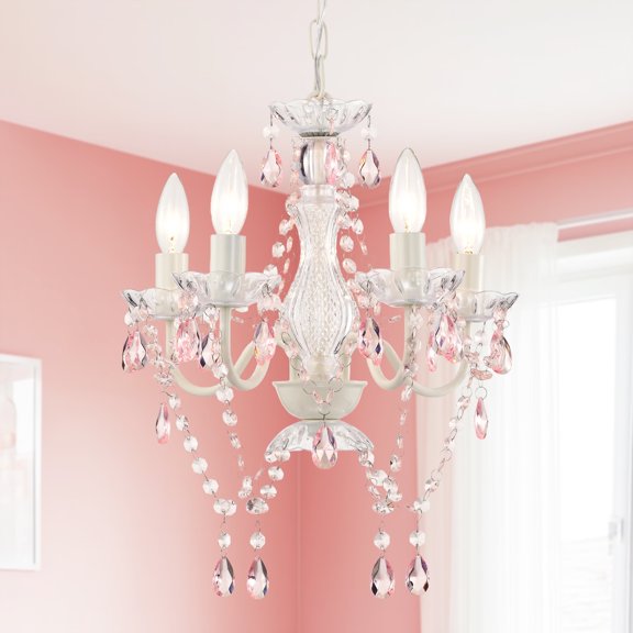 Small Crystal Chandelier 4-Light Pink And White Ceiling Lights for Girls Bedroom Dining Room,  E12 Base