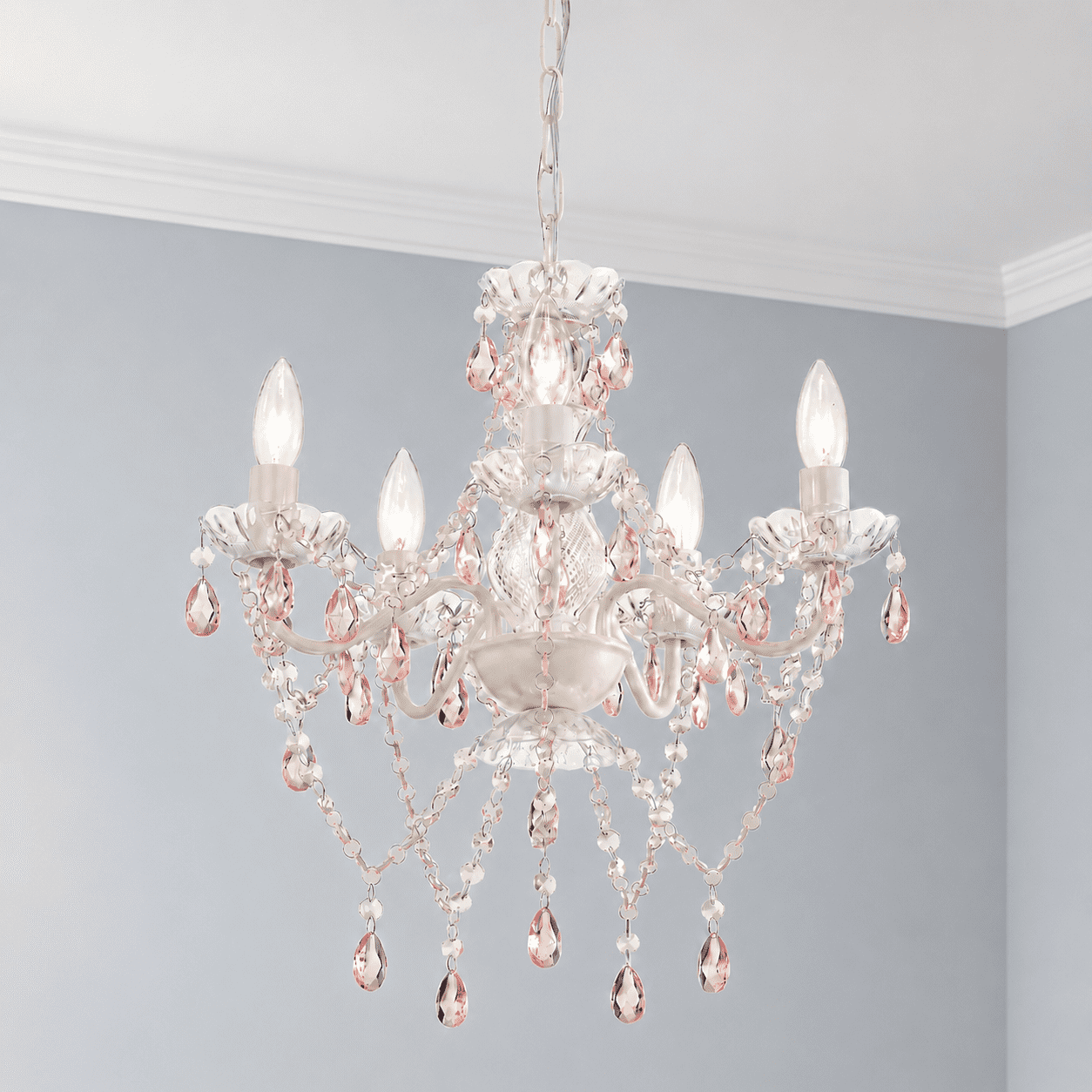 Small Crystal Chandelier 5-Light Pink and White Acrylic Chandelier Ceiling Light for Girls Bedroom Nursery Dining Room, E12 Base