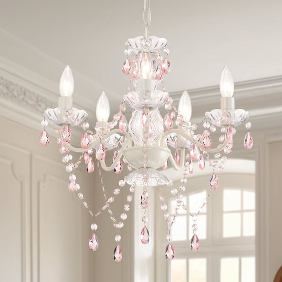 Small Crystal Chandelier 5-Light Pink and White Ceiling Fixture for Girls Bedroom, Nursery Dining Room