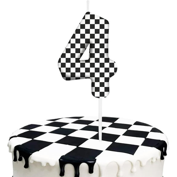White Checkered 4th Birthday Number Candles, 4 Candle Cake Toppers for Race Car Themed Parties, Candles Boys and Girls, Kids Party Supplies