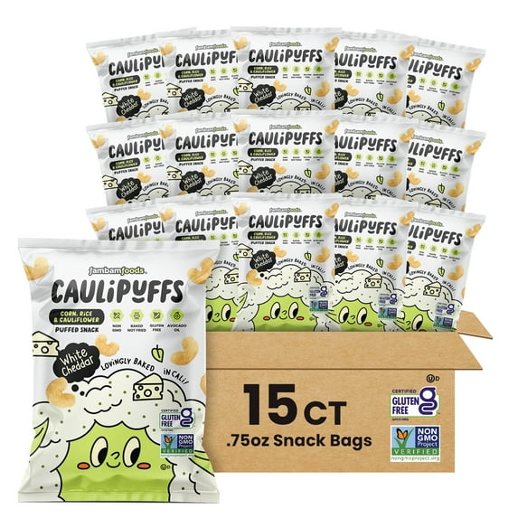 White Cheddar CauliPuffs - Corn, Rice, and Cauliflower Gluten Free Puffed Snack (Box of 15, 0.75oz bags)