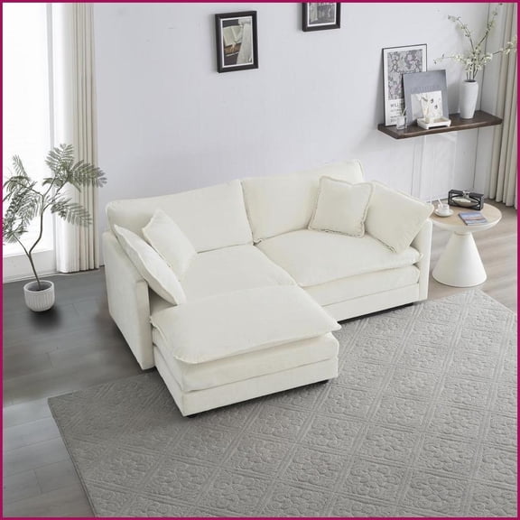 White Chenille 2-Seater L-Shaped Sectional Sofa with Ottoman Ideal for Small Living Spaces | Chenille | Solid Wood Frame | Cushion Back