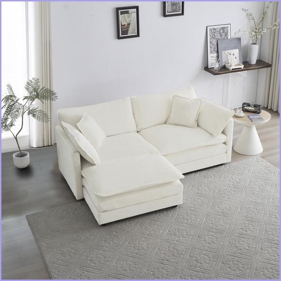 White Chenille L-Shaped 2-Seater Sectional with Ottoman Modern Compact Sofa for Small Living Rooms