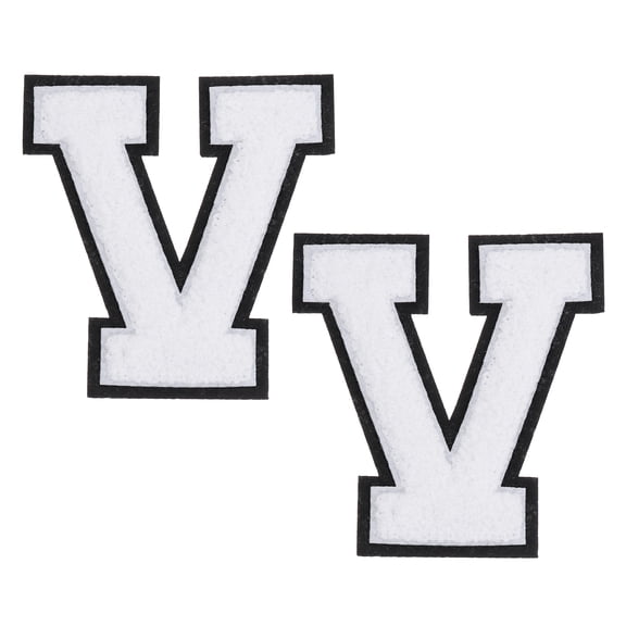 White Chenille Letter Patches, 4.5" Chenille Initial Embroidered Patches (V)