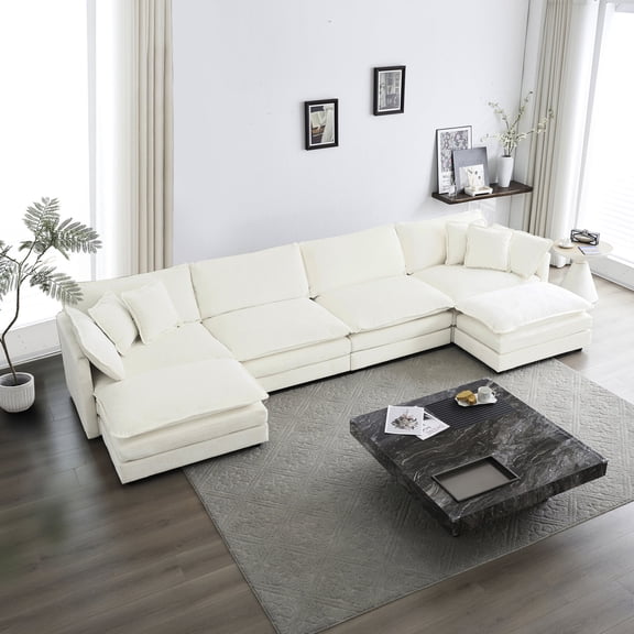 White Chenille Reversible Chaise U Shaped Sectional / Comfortable and Versatile for Home Use