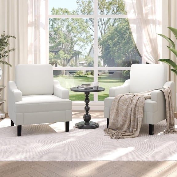 White Chenille Scooped Comfy Accent Armchairs Set of 2 | Sturdy wood & iron frame, Mid century modern, Easy assembly, Great for living room, bedroom or reading nook
