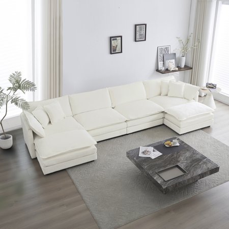 White Chenille Sectional Couch, U-shaped With Reversible Chaise And Double Ottomans U Shaped Couch Ottomans, High Fabric In For Comfort