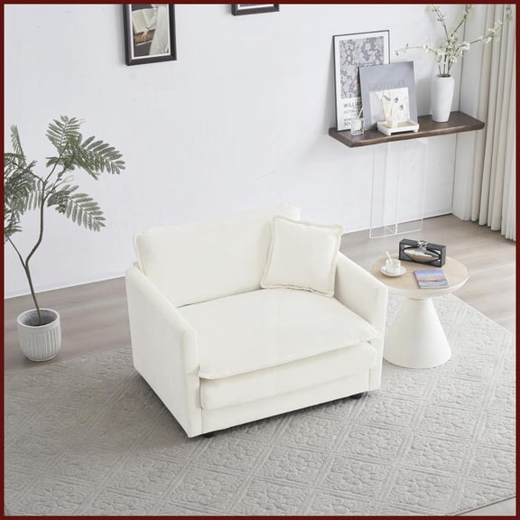 White Chenille Single-Seat Sofa Chair  Sturdy Solid Wood Frame with Pillow for Living Room Bedroom