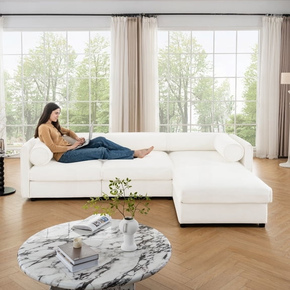 Modern L-Shaped 3-Seater Chenille Sofa with Storage, 220×80×75cm