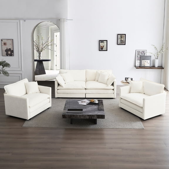 White Chenille Sofa Set with Multiple Combinations, Space-Saving / Premium Comfort, Fit Different Spaces