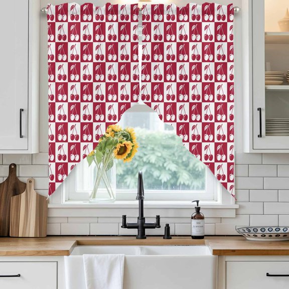 White Cherries Swag Curtain Valance for Windows, Pink Red Plaid Abstract Fruit Modern Style Simple Window Treatments Short Swag Topper for Kitchen Windows Bathroom Bedroom, 28"x36"