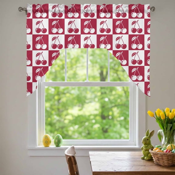 White Cherries Swag Valances for Kitchen Window, Pink Red Plaid Abstract Fruit Modern Style Simple Small Swag Valances Rod Pocket Curtain Drapes Window Treatment for Bedroom Bathroom, 56x36 Inch