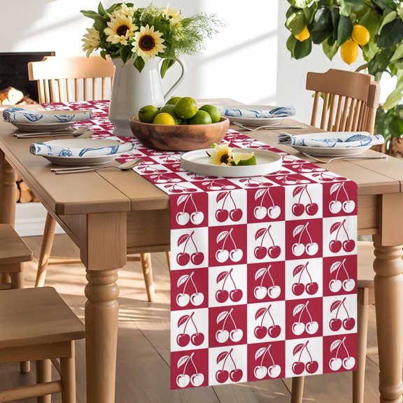 White Cherries Table Runner, Pink Red Plaid Abstract Fruit Modern Style Simple Washable Kitchen Table Runners Dress Scarves for Dining Table Decorations Party/Restaurant/Indoor Outdoor Use, 13x36in