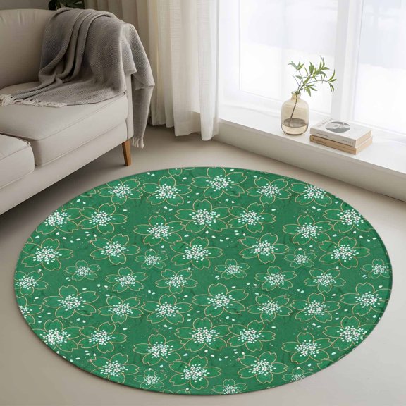 White Cherry Blossom 3FT Round Area Rugs Japanese Style Floral Mint Green Soft Small Round Rug Non-Slip, Ultra-Thin Indoor Circle Carpet for Bedroom Entryway Kitchen Bathroom