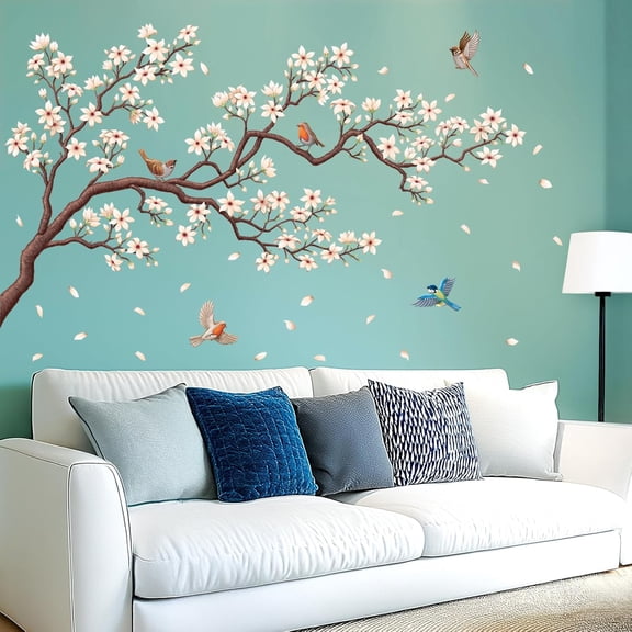 White Cherry Blossom Branch Wall Decal Stickers 45.8"x24.3" Removable DIY Romantic Tree Murals Peel and Stick Art Home Decor for  Bedroom Nursery Rooms Living
