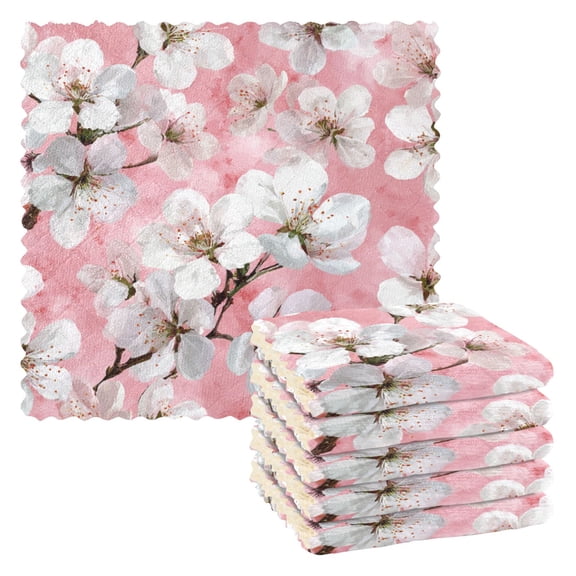 White Cherry Blossom Dish Cloths Dish Towels Cleaning Cloths Quick Drying Reusable 11" x 11" Set of 6
