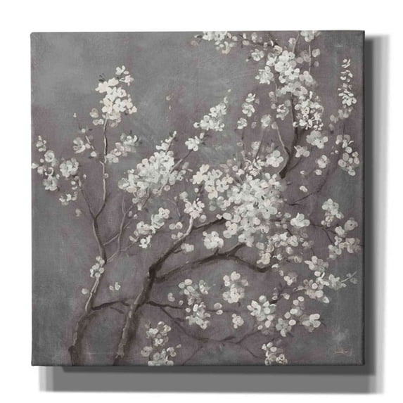 "White Cherry Blossom I on Grey" by Danhui Nai, Giclee Canvas Wall Art, 18"x18" - 18" x 18"