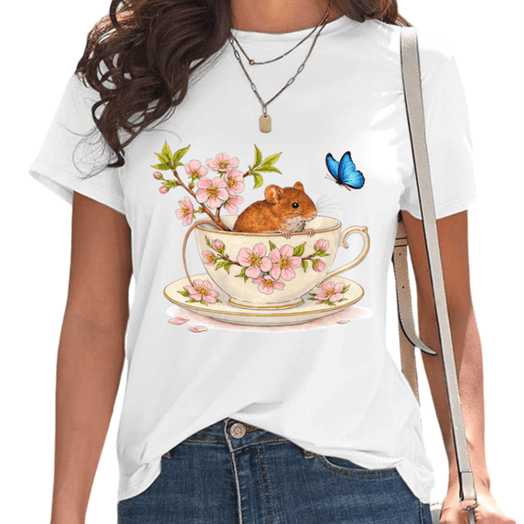 White Cherry Blossom Mouse in Teacup Print Tshirt Graphic Tees Shirts Whimsical Nature Lover Rodent Tops S-5XL