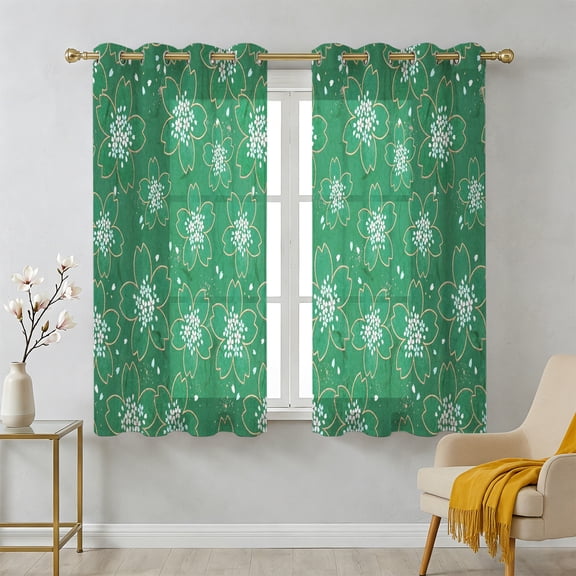 White Cherry Blossom Sheer Curtains 39 Inch Long 2 Panels, Japanese Style Floral Mint Green Light Filtering Semi Sheer Drapes Grommet Voile Window Curtain for Living Bedroom W27.9 x L39