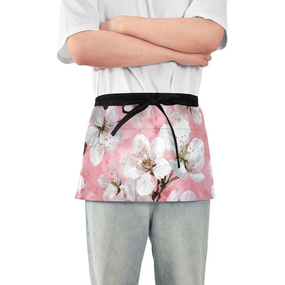 White Cherry Blossom Short Server Apron with 3 Pockets for Unisex Chef Gardening