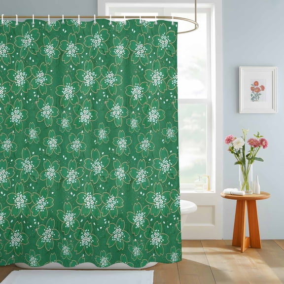 White Cherry Blossom Shower Curtain, Japanese Style Floral Mint Green Waterproof Washable Shower Curtain for Bathroom Bathtub Partition Bath Decoration Set with Hooks 66x72in